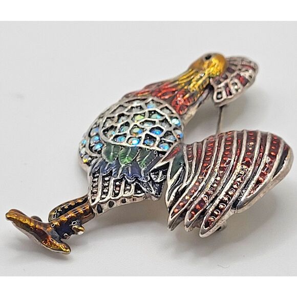 Rooster Brooch Pin Multicolor Rhinestone Enamel Red Gold Tone Farm 2.5in - Picture 4 of 5